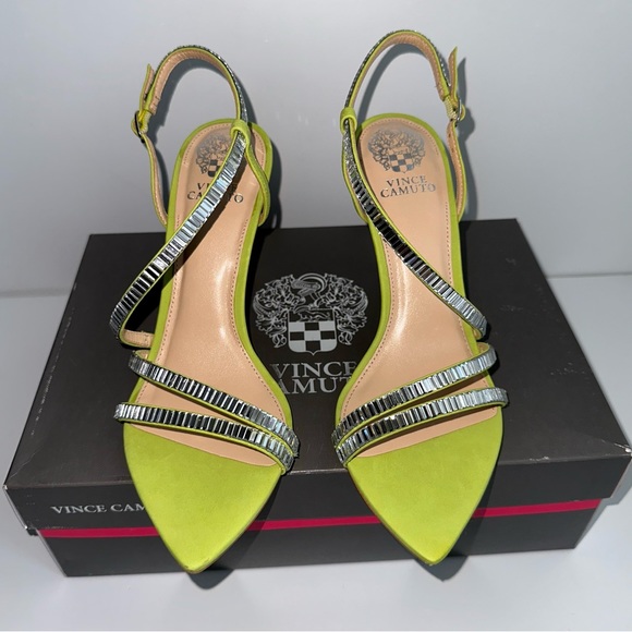✨New VINCE CAMUTO Antinie Suede Pointed Crystal Strappy Sandals Lime Green 7.5M - Picture 4 of 11